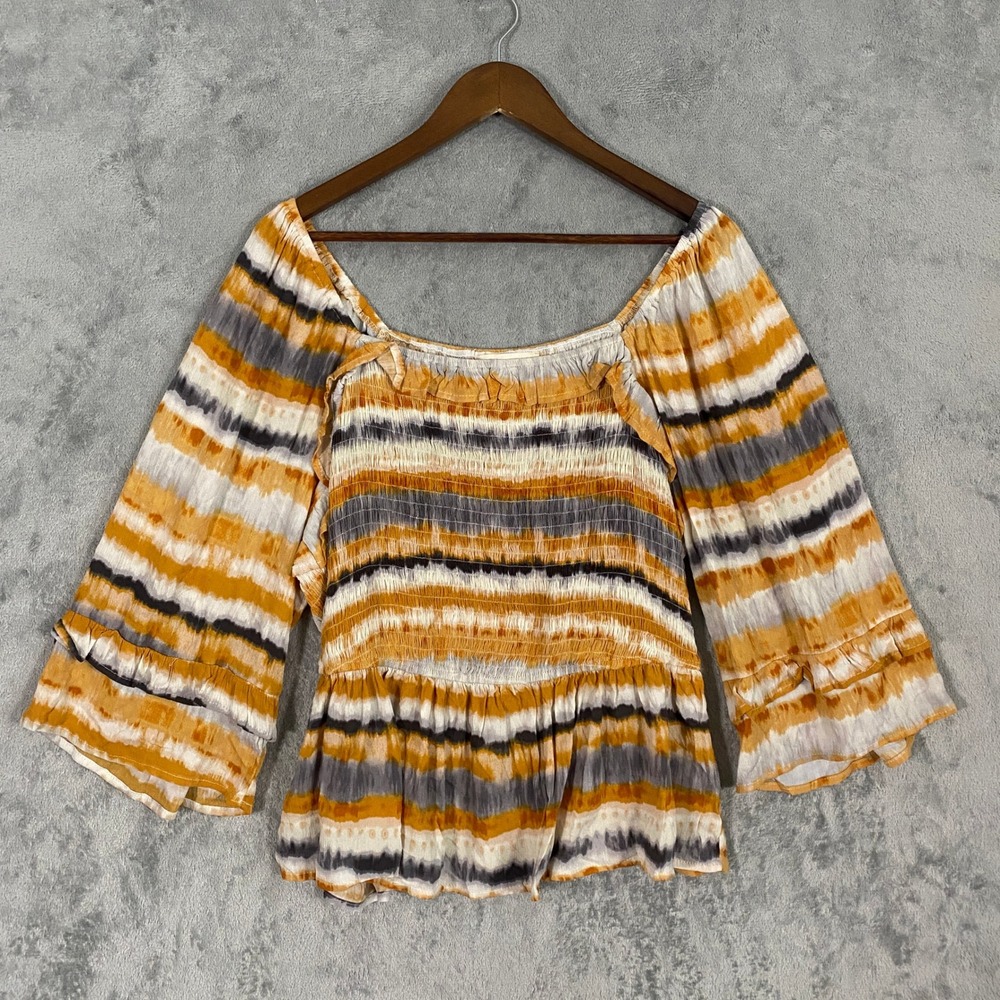 Savanna Jane Blouse Women 2X Mustard Tie Dye PT11047-1 Smocked Ruffle Bell Boho